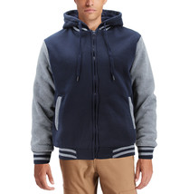 Men&#39;s Hooded Sweatshirt Two Tone Zip Up Sherpa Lined Fleece Varsity Jacket - £28.90 GBP