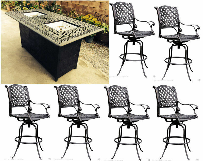 Primary image for Patio bar set 7pc double burner fire pit table Nassau cast aluminum furniture.