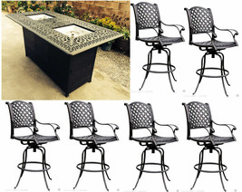 Patio bar set 7pc double burner fire pit table Nassau cast aluminum furn... - £3,353.29 GBP