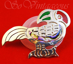 Vintage Mexican Sterling Silver Abalone &amp; Enamel Parrot Brooch - £27.97 GBP