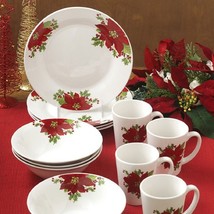 Christmas Holiday Poinsettias Red 12 Piece Dinnerware Set Service for 4 - £101.80 GBP