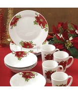 Christmas Holiday Poinsettias Red 12 Piece Dinnerware Set Service for 4 - £103.90 GBP