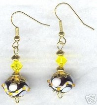 Yellow White Swirl Black Lampwork Crystal Earrings - £15.14 GBP