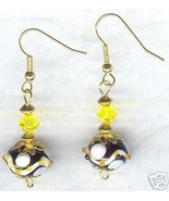 Yellow White Swirl Black Lampwork Crystal Earrings - £14.93 GBP