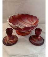 Imperial Red Slag Glass Footed Centerpiece Bowl &amp; Candlestick Holders - $74.80