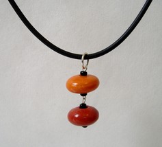 Red Orange Pendant Beaded Black Neoprene Necklace Unique Handmade One-Of-A-Kind - £26.67 GBP