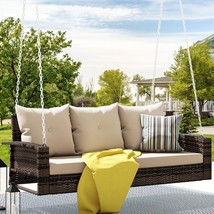 Dwvo 3 Seats Porch Swing Hanging Bench Swing Outdoor Wicker Patio, Brown&amp;Beige - $191.95