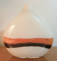 Pier 1 Flat 12&quot; x 4&quot; x 12&quot; Decorative Glass Vase w/ Orange &amp; Brown Stripes - £31.13 GBP
