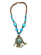 Necklace Turquoise Gold Colored Wood Beads Faux Stones Costume 15&quot; Long 1 Flaw - £11.10 GBP
