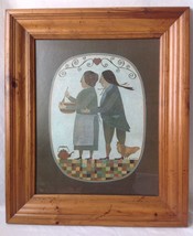 Framed R Davey Whats Cooking Folk Art Print Primitive Pine Frame Pilgrim Couple - £31.56 GBP