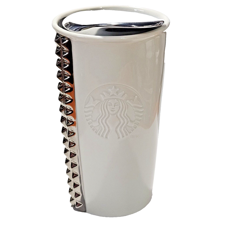 Starbucks 2014 White Ceramic Studded Tumbler Mug Ceramic Lid Embossed Logo 10oz - $18.65