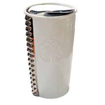 Starbucks 2014 White Ceramic Studded Tumbler Mug Ceramic Lid Embossed Lo... - $18.65