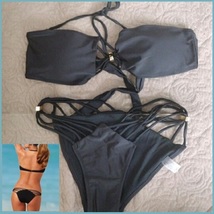 Tanning Beach Bikini Criss Cross Bandeau w/ Strappy Bottoms Five Bright Colors image 6