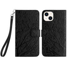 For iPhone 13 Tree Birds Embossed Pattern Leather Phone Case(Black) - £3.94 GBP