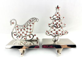 Pair Shelf Stocking Hangers Sled &amp; Christmas Tree w Red Crystals 2.7mm D... - £36.28 GBP