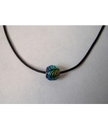 Green Blue Glass Bead Pendant Black Silk Necklace Unique Handmade Beaded - £15.98 GBP