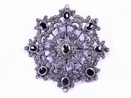 Vintage Sterling Silver Onyx &amp; Marcasite Snowflake Brooch, 1930, RARE!!! - £81.80 GBP