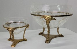 2 VTG Antique Ornate Brass Pedestal Stand Rams Head Crackle Glass Bowl Vase Set - £61.71 GBP