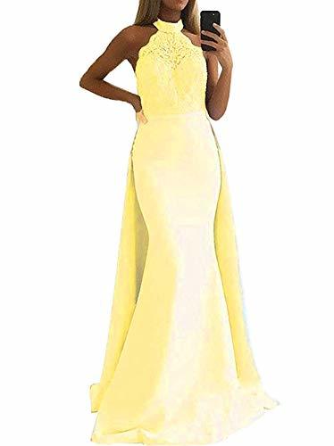 Plus Size Beaded Mermaid Long Formal Prom Dress with Detachable Train Yellow 22W