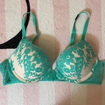 Victoria&#39;s Secret Dream Angels Green Floral Lace Mesh Bling Push Up Bra - 36A - £47.06 GBP