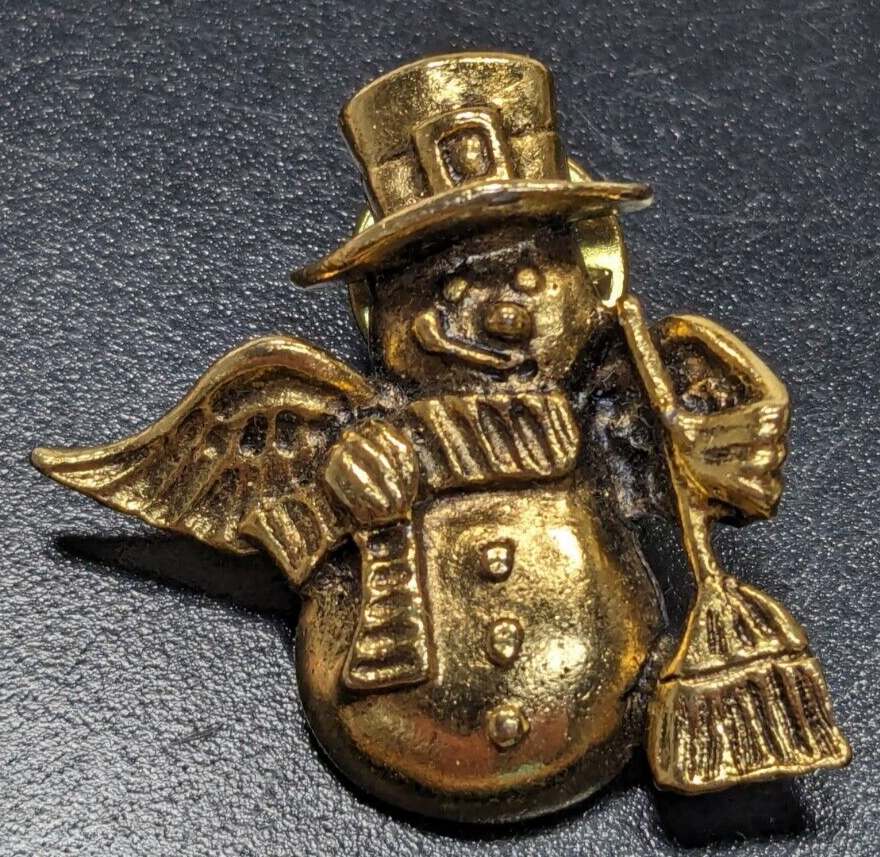 Angel Snowman with Broom Gold Tone - signed CAMCO - Brooch Lapel Hat Pin - $9.89