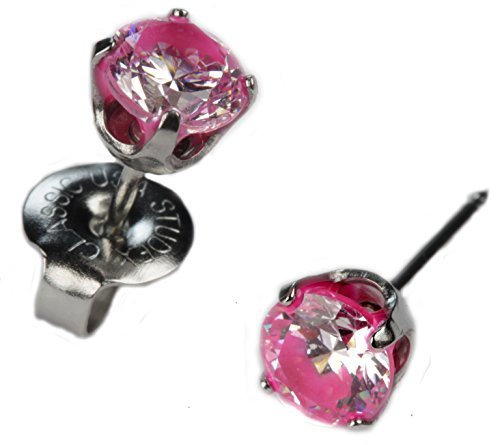 Ear Piercing Studs Earrings Silver 5mm Hot Pink Rimmed CZ Stainless Studex Syste - $9.90