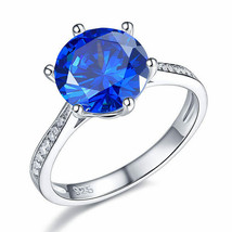 3Ct Round Cut Blue Sapphire &amp; Created Diamond Solitaire Ring 14K White Gold Over - £74.31 GBP