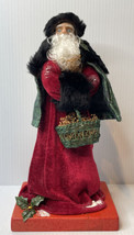 SANTA CLAUS WITH GREEN And BLACK FUR HOODED FUR MUFF W/ BASKET WOOD STAND - £19.69 GBP