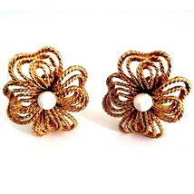 Vintage Gold Tone Rope Flower &amp; Faux Pearl Round Clip on Earrings - $10.88