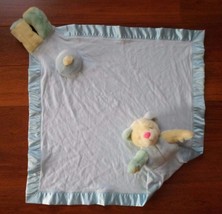 Pastel Bear Baby Blanket Bankie Pink Yellow Blue Blanket Lovey Large 28&quot; Satin - £30.71 GBP