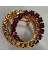 Double Ring Red Rhinestone Brooch Scarf Pin Vintage  - $13.56 CAD