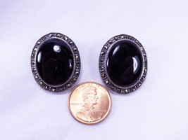 Art Deco Vintage Sterling Silver Black Onyx Marcasite Clip-On Earrings - £47.05 GBP