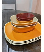 Pier One Imports Orange Red MCM Square Melamine 4 Plates 7 Bowls - $742.61 MXN