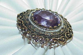 14K 20ct Amethyst Seed Pearl Etruscan Pin Victorian Brooch Antique Yellow Gold F - £725.53 GBP