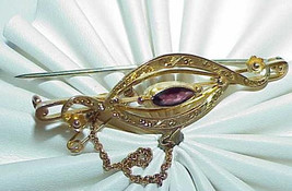 9K Ruby Lozenge Etruscan Pin Brooch Victorian w/ Chain Signed Antique Estate Vin - £360.81 GBP