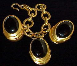Black Gripoix  Bracelet &amp; Earrings Set Tear Drop 18k Goldplate Haute Couture Cha - £191.14 GBP