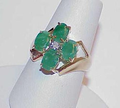 10k 4 Emerald Oval Diamond Cocktail Ring Size 5 Yellow Gold Clover Like Design - £312.70 GBP