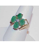 10k 4 Emerald Oval Diamond Cocktail Ring Size 5 Yellow Gold Clover Like Design - $389.99