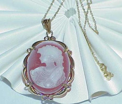 10K Cameo Carnelian Lovely Lady Pendant Necklace w/ 18&quot; Chain Yellow Gol... - £311.35 GBP