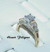 14K .50ct Princess Diamond Baguette Ring 2 tone Size 5.75 Heart Filigree - £631.48 GBP