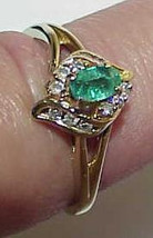 14K Emerald Oval 12 Diamond Cocktail Ring YG Sz 6 3/4  Vintage - £271.77 GBP