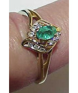 14K Emerald Oval 12 Diamond Cocktail Ring YG Sz 6 3/4  Vintage - $339.99