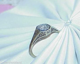 14K White Gold Art Deco Ring Filigree Solitaire Diamond .20ct Antique Estate Siz - £338.66 GBP