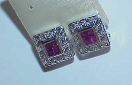 14K .60ct Princess Ruby Diamond Omega Earrings White Gold Squares - £471.86 GBP