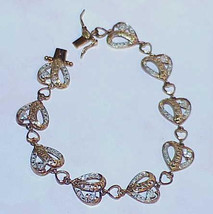 Sterling Silver 18K Gold Vermeil Love Heart Link Bracelet Diamond 9.2 Gram 7&quot; Qu - £103.88 GBP