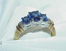 10K 3 Blue Sapphire 4 Diamond Band Ring White Top Yellow Gold Size 7 - $389.99