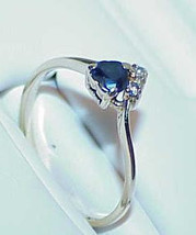 14K .30ct Heart Solitaire Blue Sapphire Heart 2 Diamond Ring Sz 6.25 White Gold - £181.15 GBP