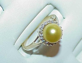 14K 7.5mm Yellow Golden Pearl Natural Diamond Surround  Ring South Sea - £273.45 GBP