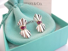 Tiffany &amp; Co Ribbon Earrings Silver 14K Gold Ruby Gemstone Studs Gift Love Pouch - £1,605.82 GBP