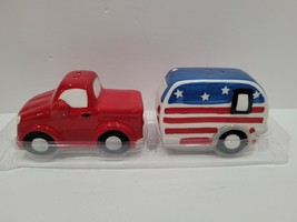 Patriotic 4th of July Red Truck Camper Salt &amp; Pepper Shakers Home Decor - £17.39 GBP